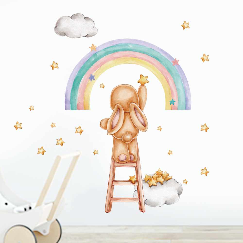 Title 4, Watercolor Rainbow Rabbit Wall Sticker Girl Roo...