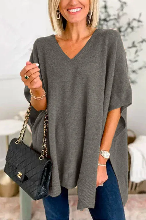 Cloak Cover V neck Loose Sweater Top Dark Gray - Shop at LoveMi