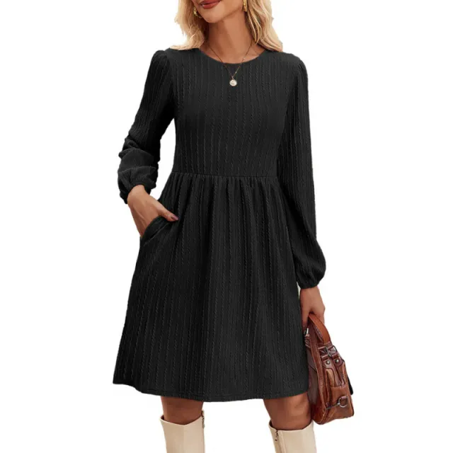 Jacquard Knitted Temperament Bubble Long Sleeve Dress Women Black - Shop at LoveMi