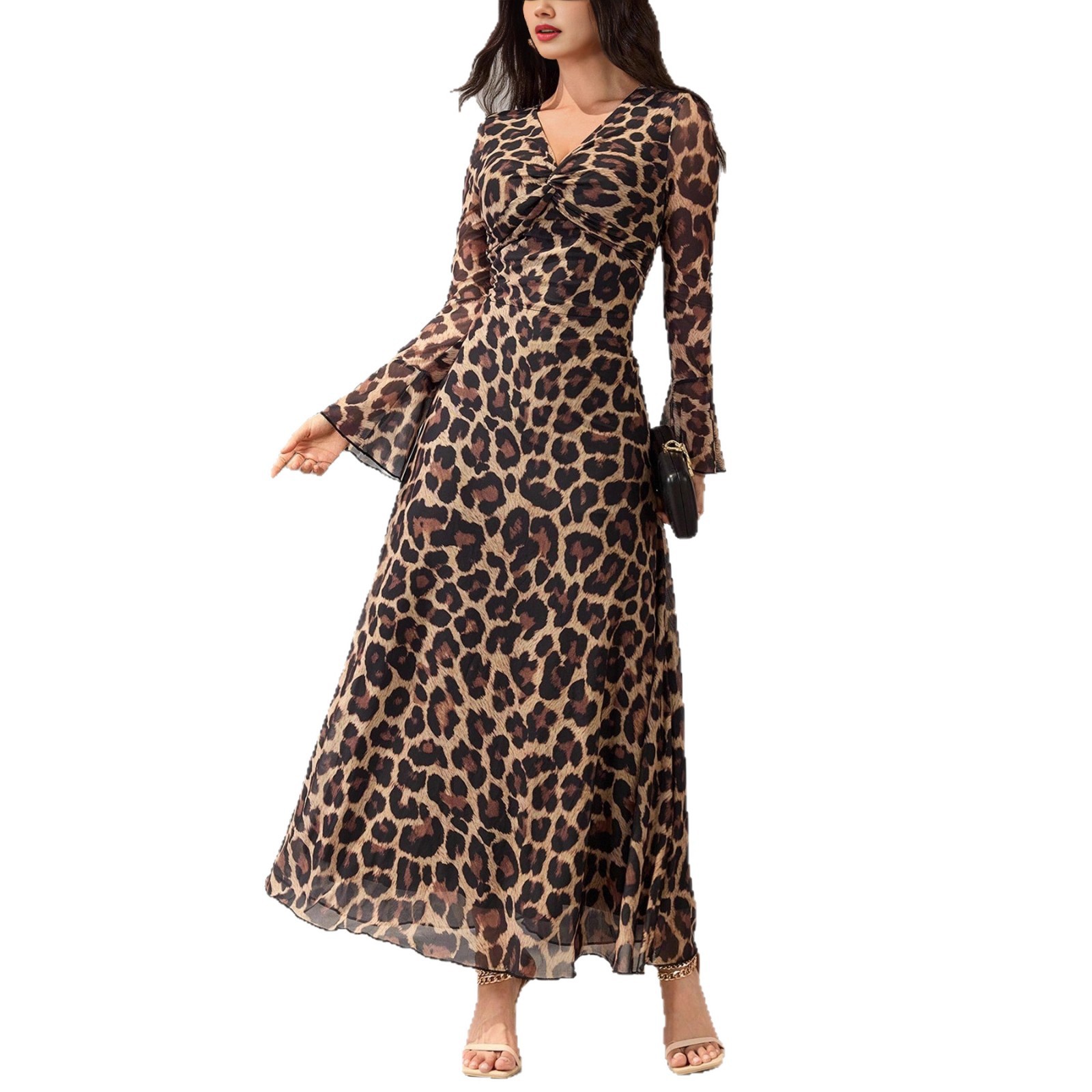 Lady V neck Leopard Print Long Sleeve Dress Leopard - Shop at LoveMi