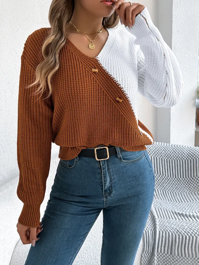 Casual V neck Button Contrast Color Lantern Sleeve Pullover Sweater Caramel Color - Shop at LoveMi