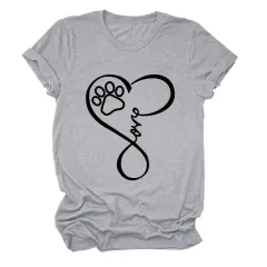 Dog Print Heart Printing Round Neck Short Sleeve Women's Clothing - Light Grey Black Font - View 1