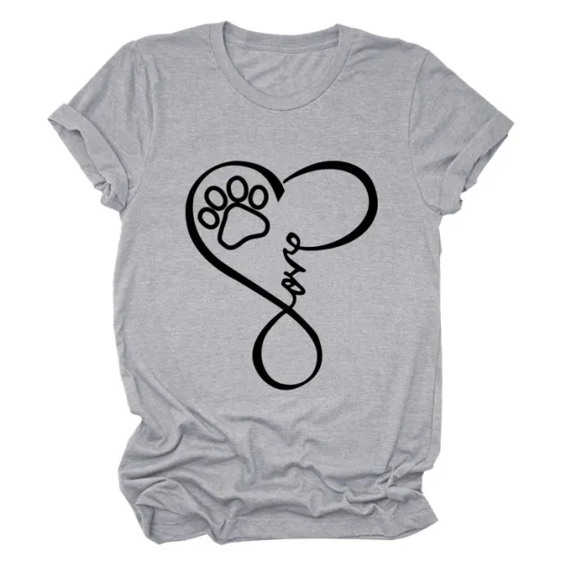 Dog Print Heart Printing Round Neck Short Sleeve Women's Clothing Light Gray Black Font - Shop at LoveMi