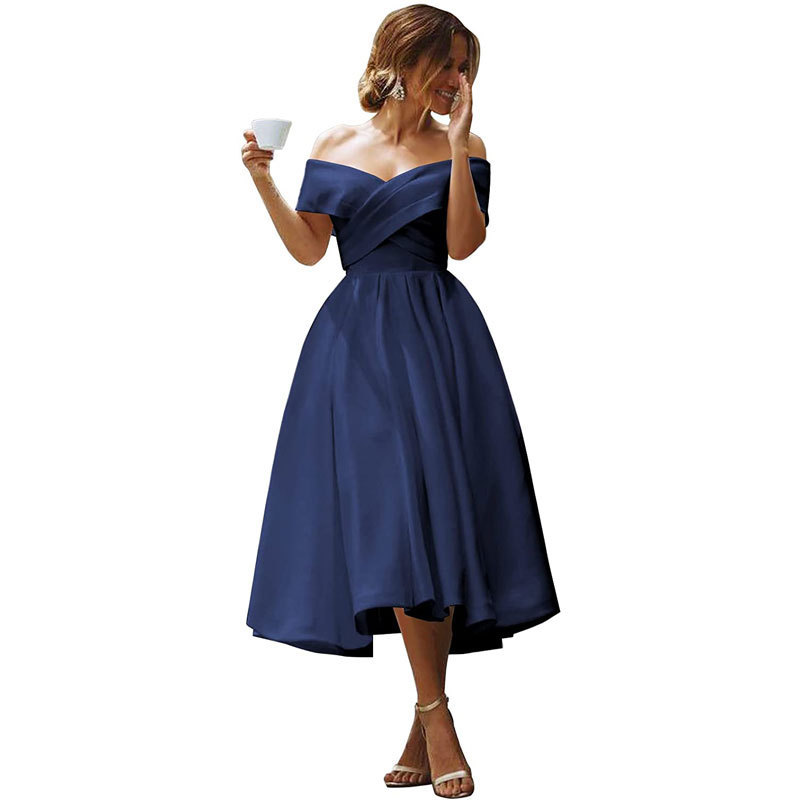 Off neck Elegant Simple Solid Color Dress Navy - Shop at LoveMi