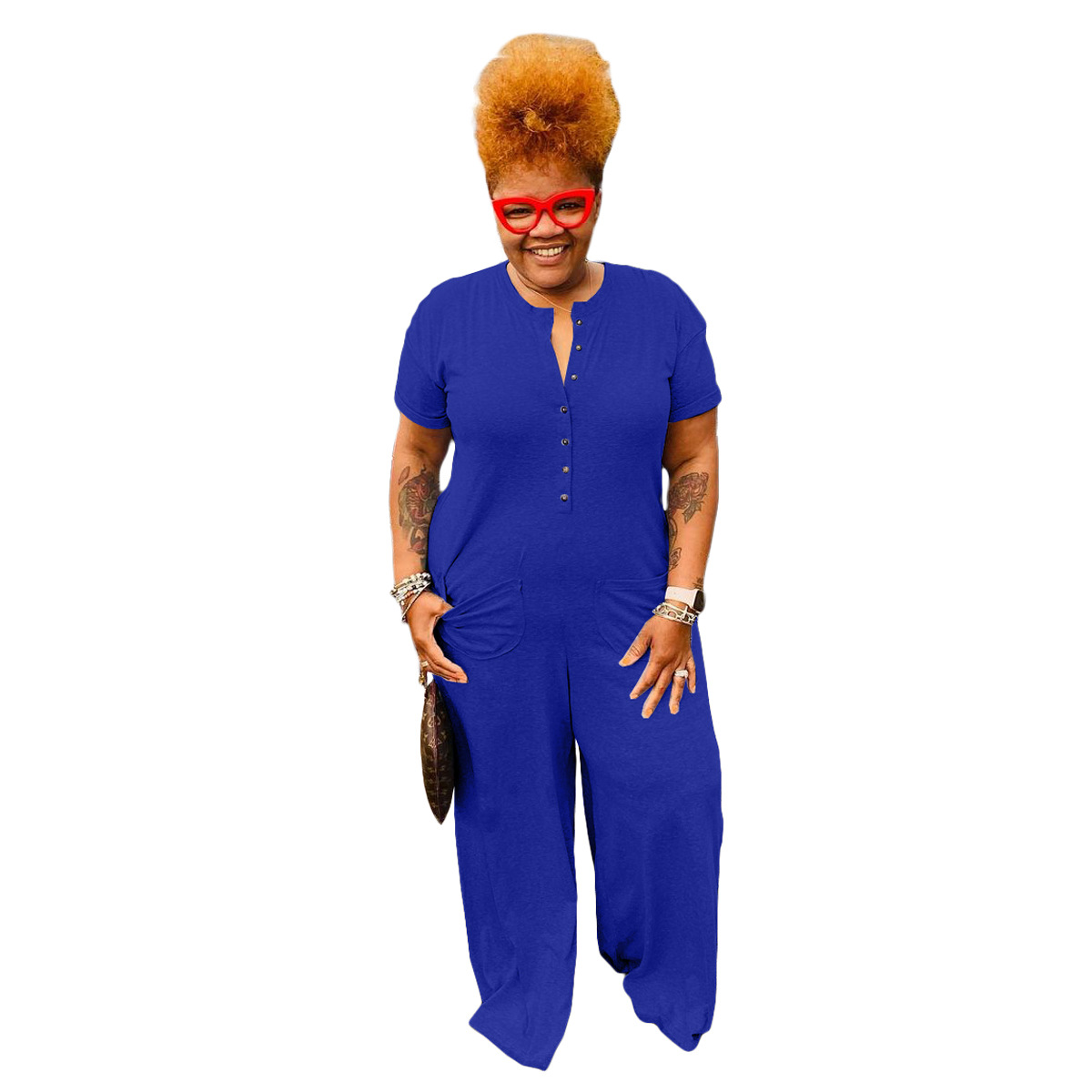 Plus-size Womens Fashion Casual Buttoned Jumpsuit