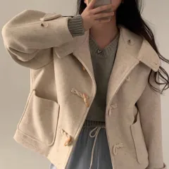 Horn Button Design Large Pocket Loose Versatile Hooded Woolen Short Coat - Oatmeal Colour Plus Cotton - View 1