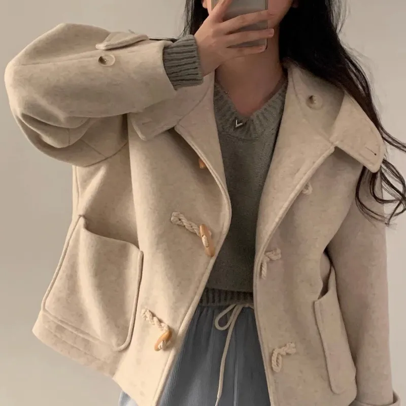Horn Button Design Large Pocket Loose Versatile Hooded Woolen Short Coat - Oatmeal Color Plus Cotton