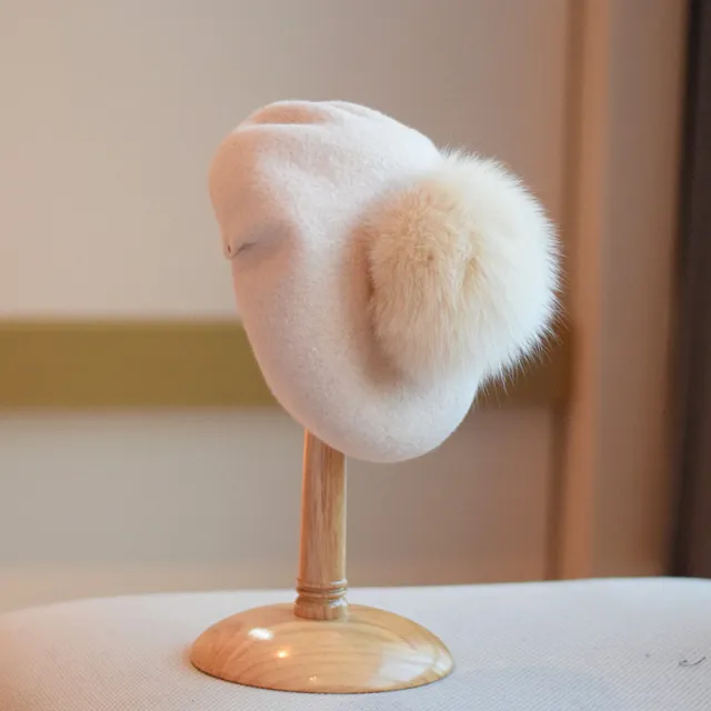 Wool Beret Women's Fur Ball Fashion Painter Cap Beige - Shop at LoveMi