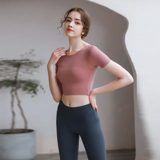 Tight Top With Chest Pad Beauty Back Breathable Yoga Clothes Short Sleeve S841 Lotus Root Pink - Shop at LoveMi