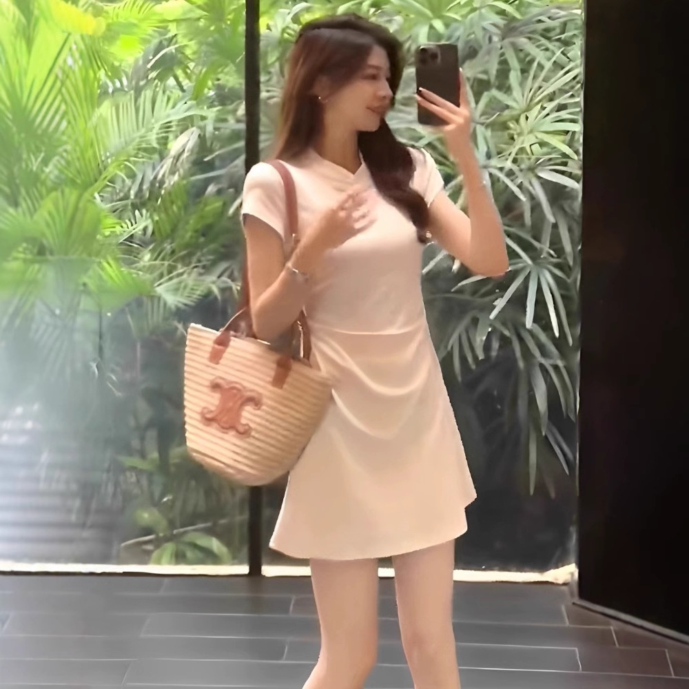 Chinese Style Traditional Short Sleeve Dress Waist Slimming A- Line Skirt