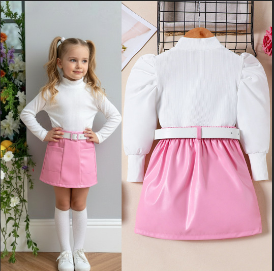 Little Girls Puff-Sleeve Top Solid-Color PU Leather Skirt And Belt Set