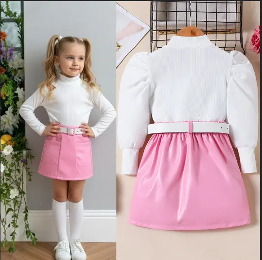Little Girls Puff-Sleeve Top Solid-Color PU Leather