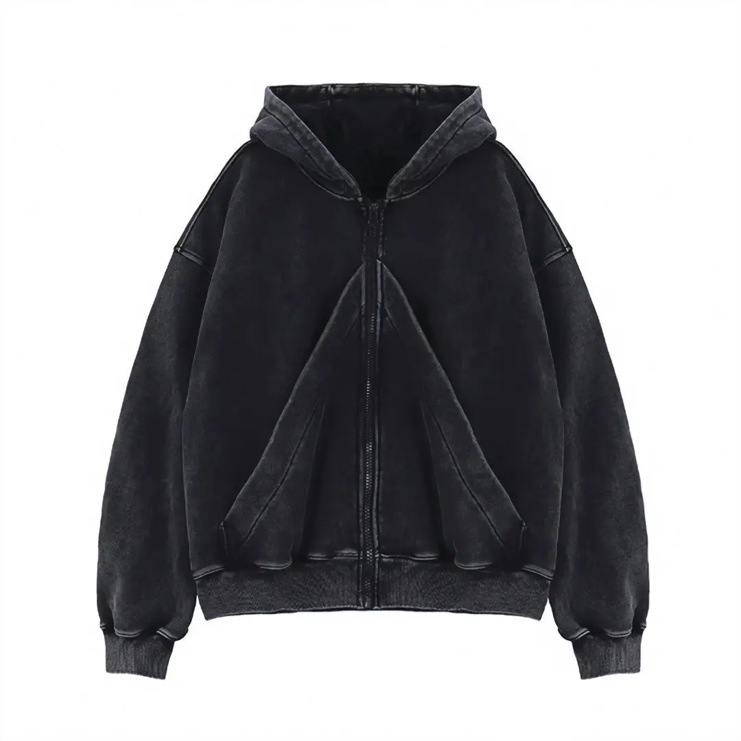 American-style Vintage Washed-and-distressed Cardigan Zip-up Hoodie