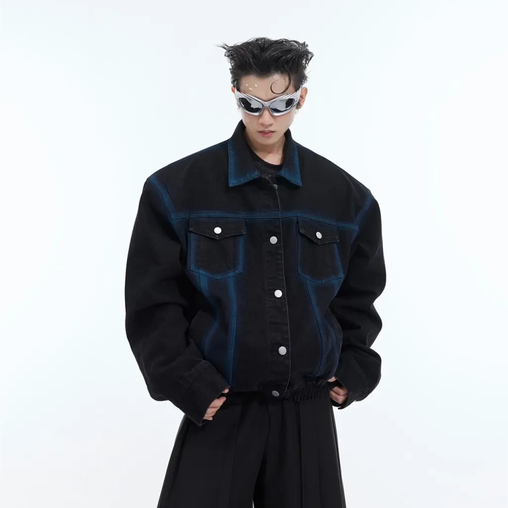 Men's American-style Retro Inkjet Loose Casual Top Denim Jacket - Black
