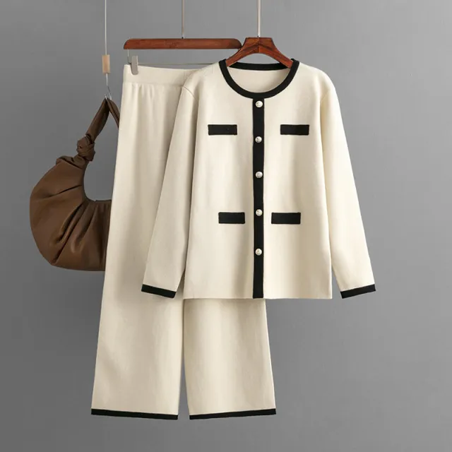 Knitted Wide leg Pants Two piece Set Classic Style Apricot - Shop at LoveMi