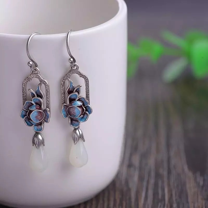 S925 Sterling Silver Vintage Peony Earring Pendant For Ladies