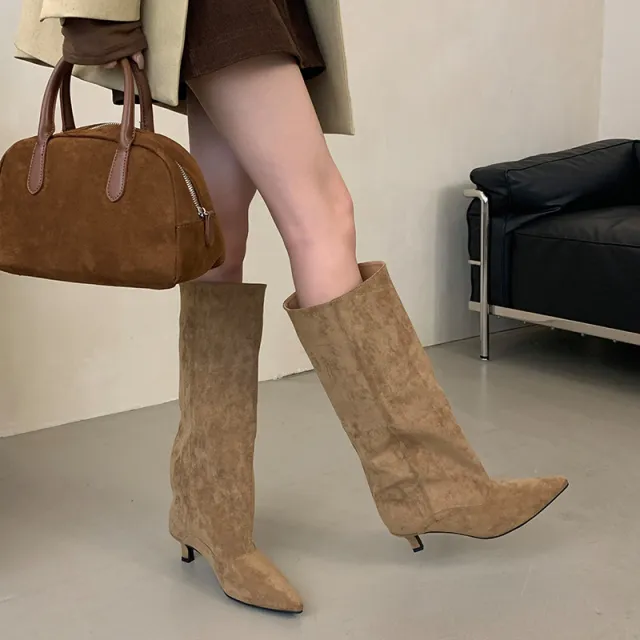Simple Temperament Low Heel Pointed toe High Leg Boot Khaki - Shop at LoveMi