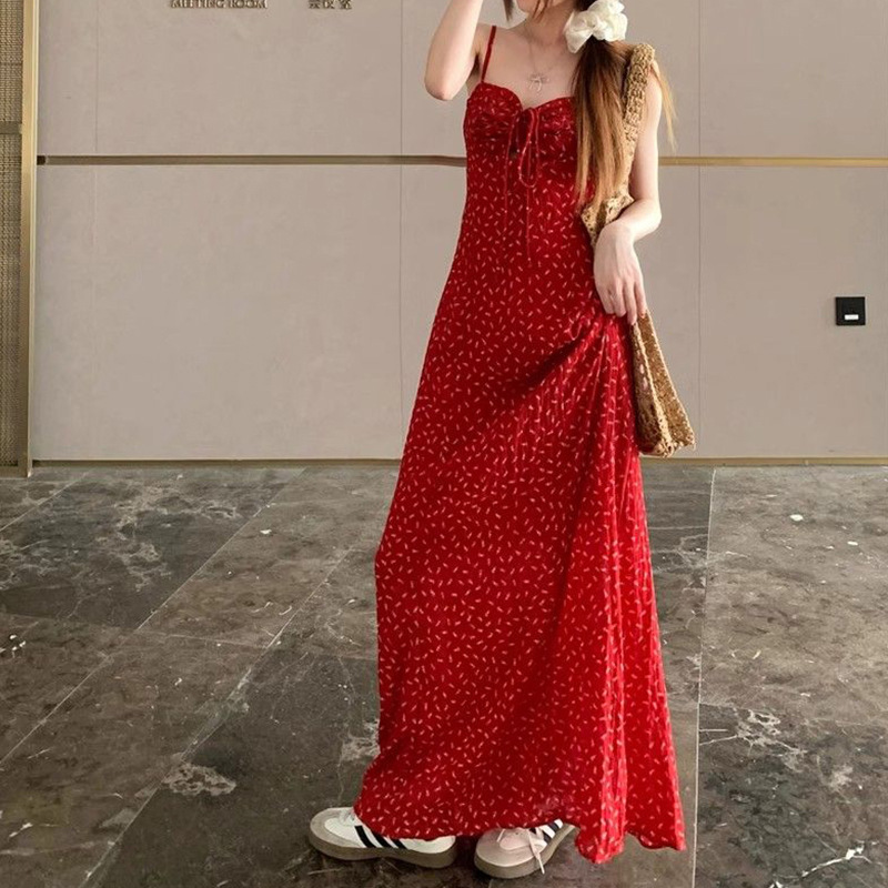 Vacation Style Red Small Floral Sling Dress Women