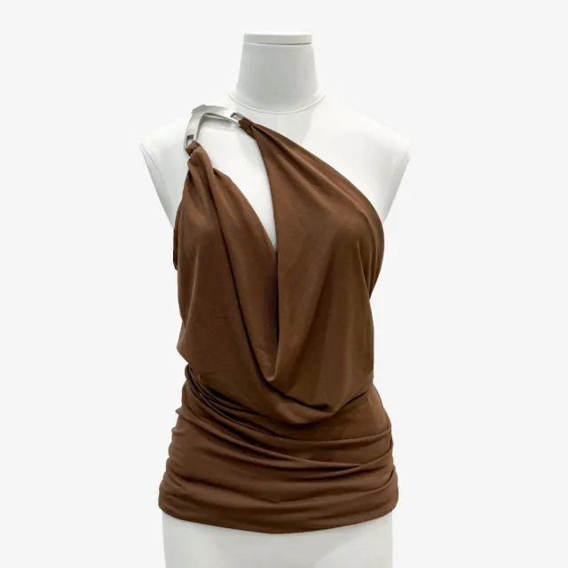 Style Shoulder Metal Buckle Lace up Backless Pleated Slim fit Top For Women Brown - Shop at LoveMi