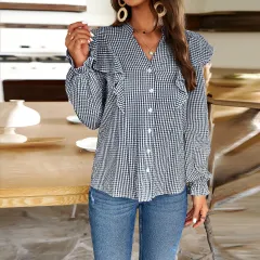 Women's Commuter Long Sleeve Ruffled Shirt - Black - View 1