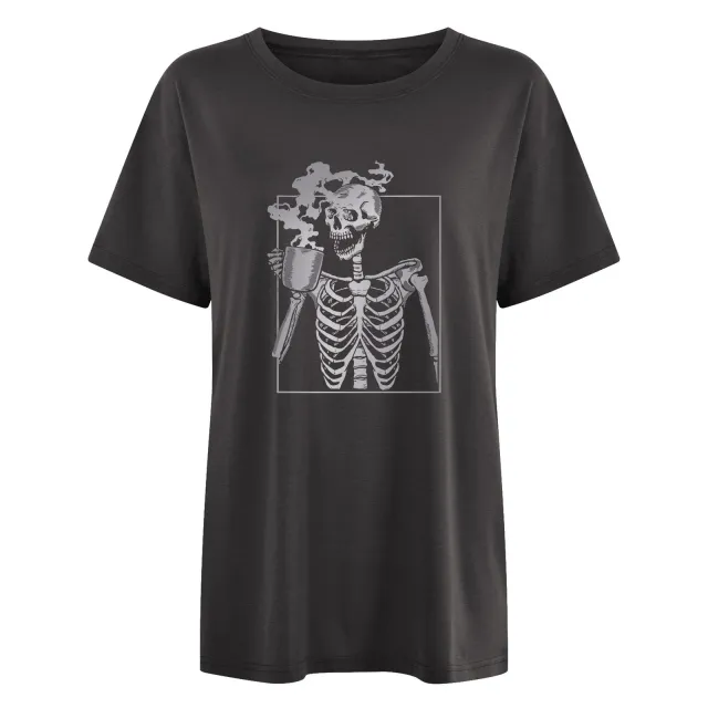 Drop Shoulder Short Sleeve Skull End Hot Drink Gradient Printing T shirt Dark Gray - Shop at LoveMi