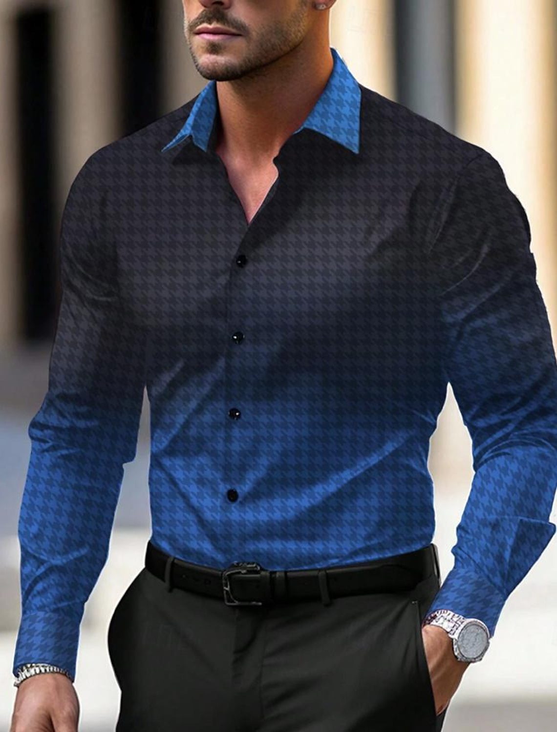 Men's Slim Fit Long Sleeve Dress Shirt | Stylish Pattern Button Down Casual Top - Picture 13 of 14