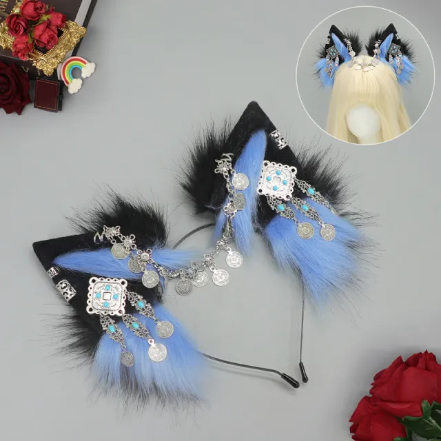 Tibetan Hair Accessories Exotic Wolf Ear Animal Ears Headband Bohemian Travel Photo Shooting Props Black And Blue - Shop at LoveMi