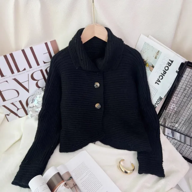 Knitted Cardigan Lapel Single Breasted Casual Irregular Women's Sweater Jacket Black - Shop at LoveMi