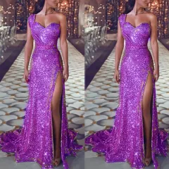 Women's Clothing One-shoulder Sleeveless Bronzing Split Dress - Purple - View 1