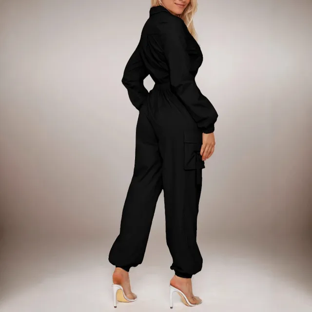 Fashion Out Coveralls Women's Flip Pocket Elastic Waist tightening Zipper Black - Shop at LoveMi
