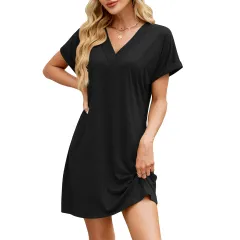Solid Colour And V-neck Loose Short Sleeve Casual Dress - Black - View 1