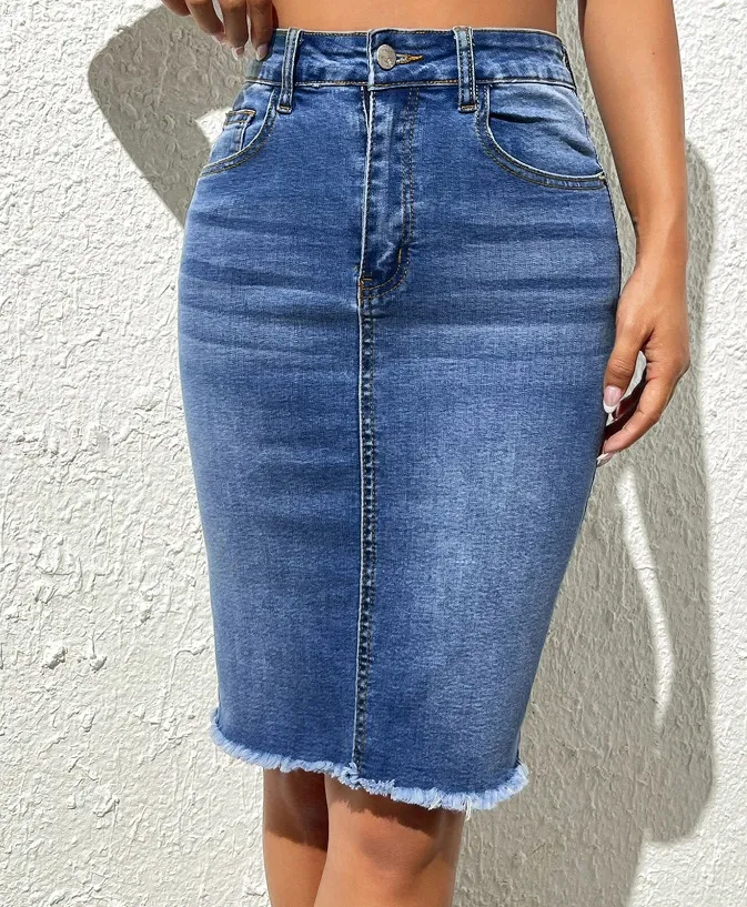 Casual Fashion Elastic High Waist Frayed Skirt Hip Skirt - Blue