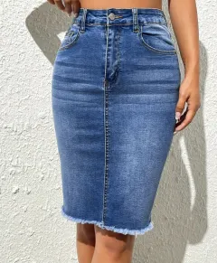 Casual Fashion Elastic High Waist Frayed Skirt Hip Skirt - Blue - View 1