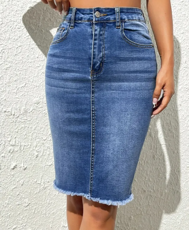 Casual Fashion Elastic High Waist Frayed Skirt Hip Skirt Blue - Shop at LoveMi