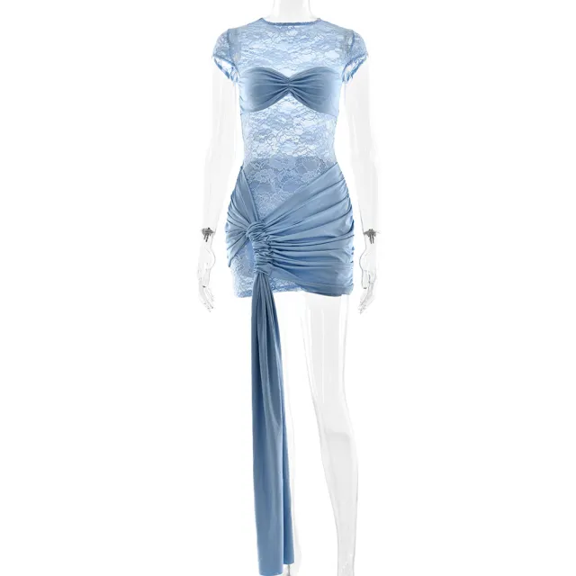 Sexy Lace Cutout See through Ribbon Hip Skirt Blue - Shop at LoveMi