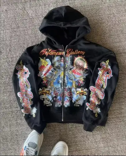 Letter-printed American-style Fleece Hipster Streetwear Loose-fitting Zip-up Hoodie