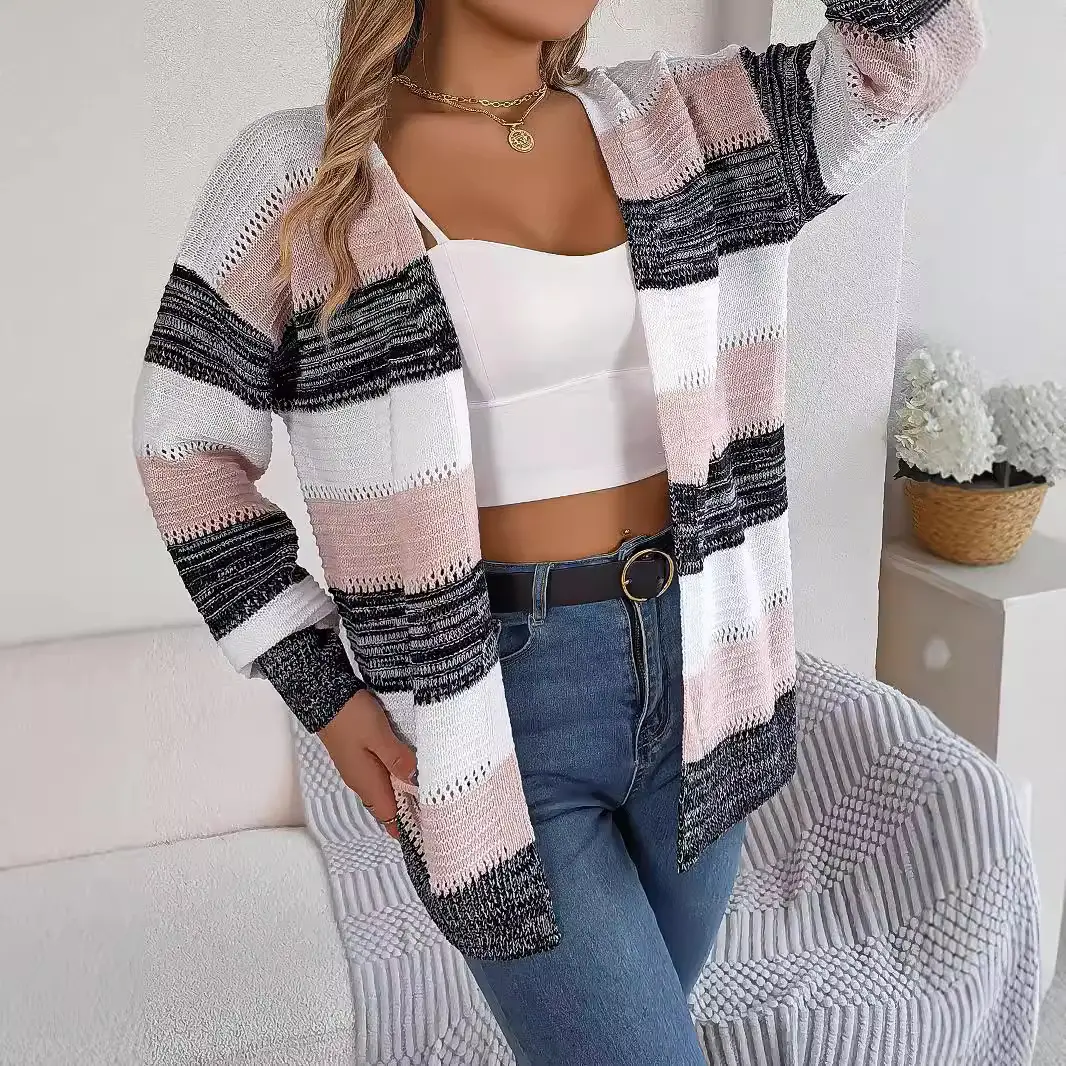 Casual Hollow Contrast Color Striped Lantern Sleeve Cardigan Sweater