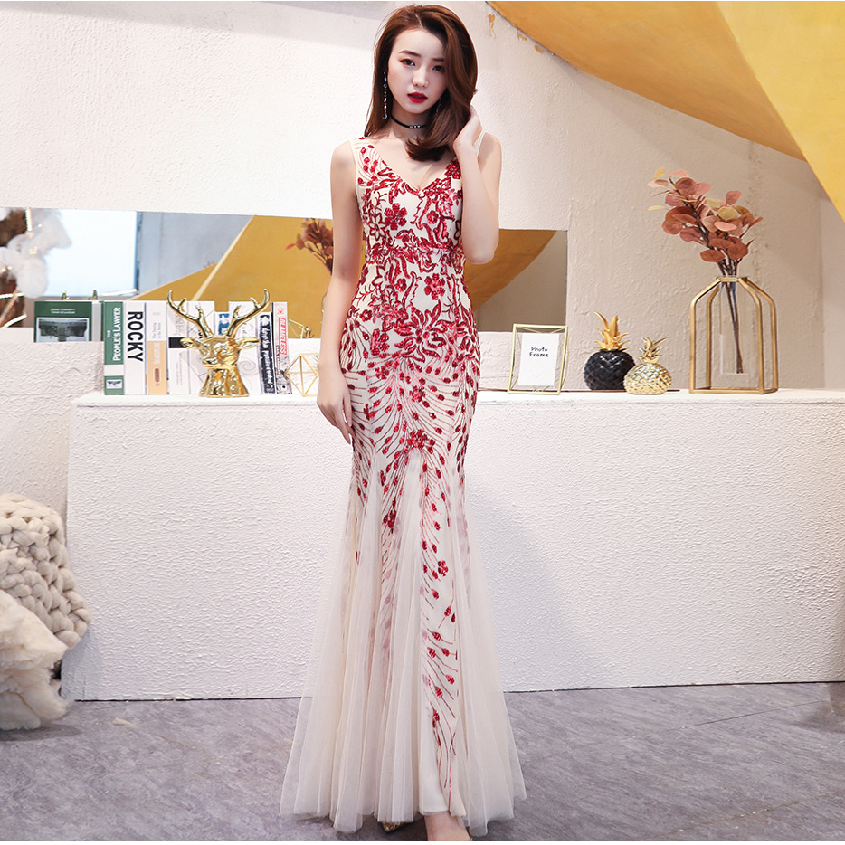 Banquet Temperament Elegant Annual Meeting Long Style Fishtail Sequins Sexy Dress