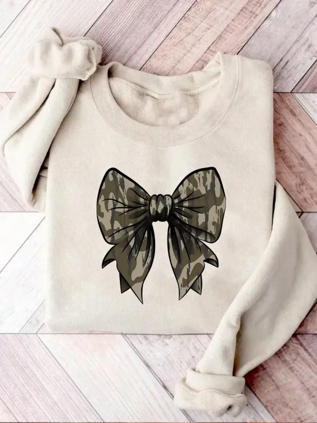 Leopard Print Stud For Autumn And Winter Bow Printed Loose Top Apricot 2 - Shop at LoveMi
