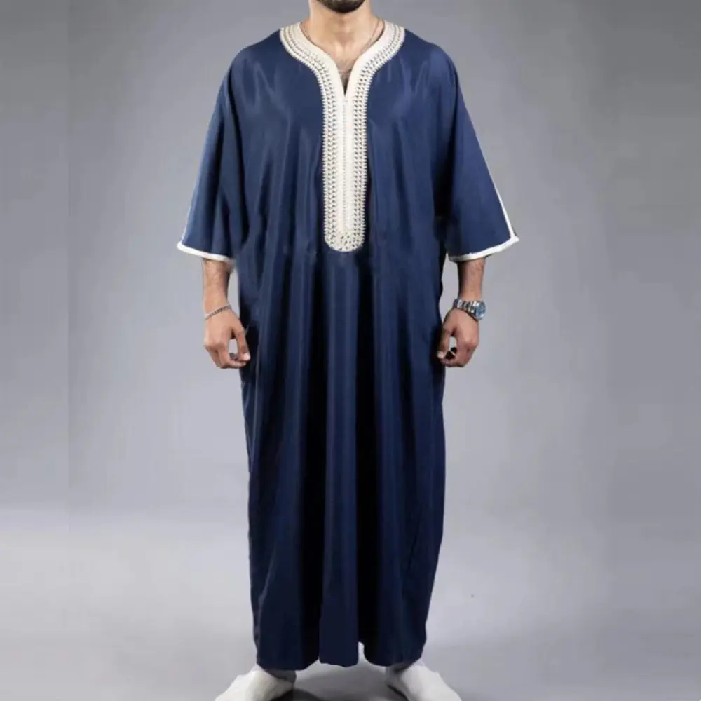 Arabic Robe Mid Short Sleeve Embroidered Navy