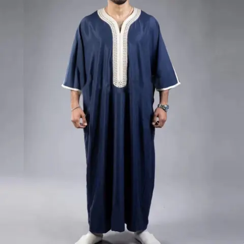 Arabic Robe Mid Short Sleeve Embroidered Navy Blue Men