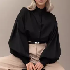 Women's Design Sense Lantern Sleeve Shirt Minority Fashion - Black - View 1