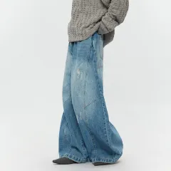 Ripped Denim Jeans Loose Straight-leg Design Couples Wide-leg Style American High-street Pants With A Cool Edgy Vibe - Dark Blue - View 1