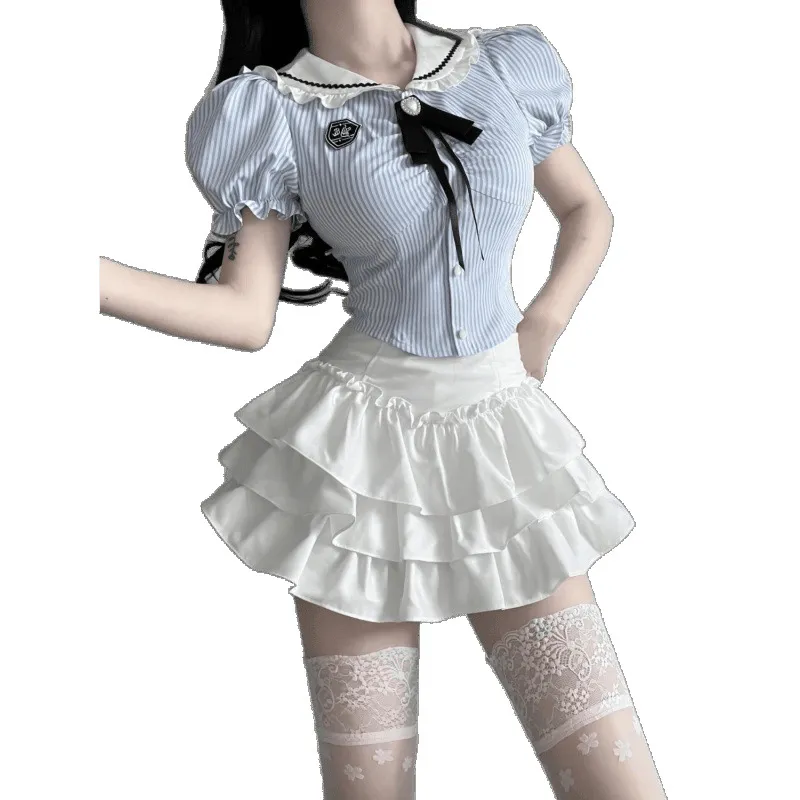 Sweet College Style JK Waist Trimming Short Sense Of Design Shirt Female Cake Dress Two-piece Set - Suit-Xl