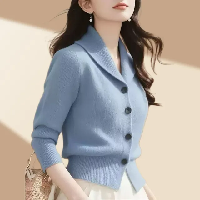 High end Fashion Simple Commute Long sleeved Button Cardigan Elegant Top Blue - Shop at LoveMi
