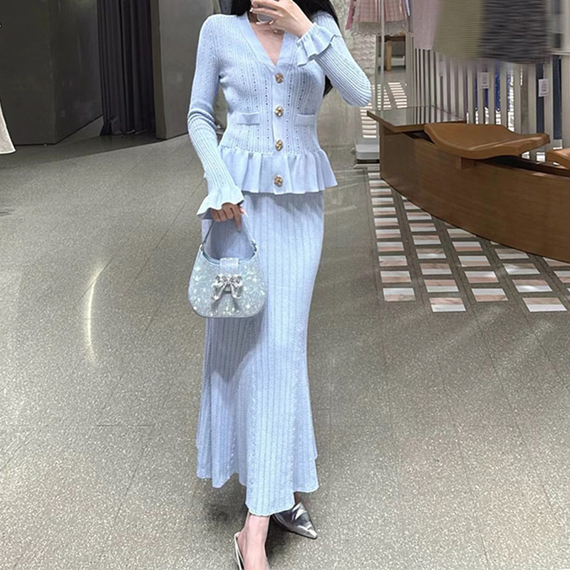 Female V neck Ruffled Long Sleeved Patchwork Dress Blue - Shop at LoveMi