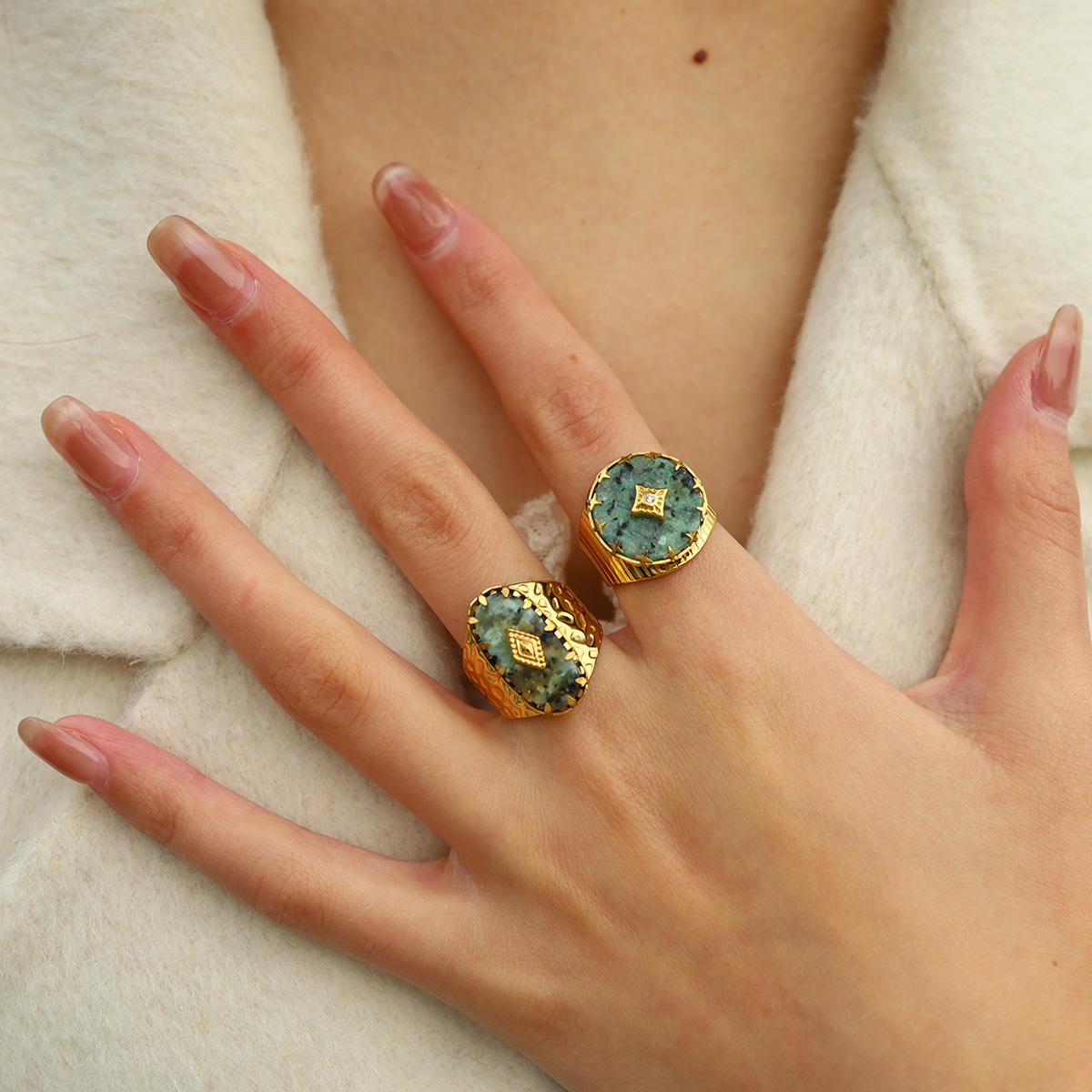 18k Gold Fashion Natural Stone Titanium Steel Ring