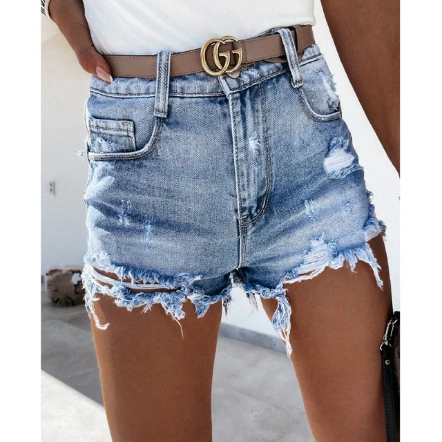 Ladies High Waist Ripped Washed Tassel Sexy Slim Fit Slimming Denim Shorts Blue - Shop at LoveMi