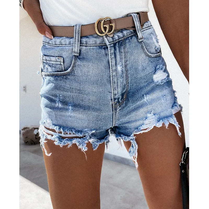 Ladies High Waist Ripped Washed Tassel Sexy Slim Fit Slimming Denim Shorts - Blue