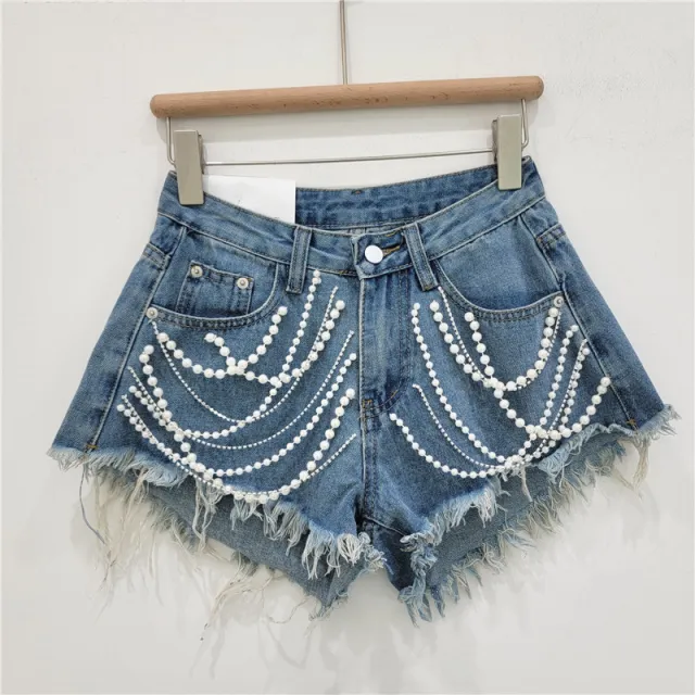 Denim Shorts Women's Summer High Waist Slimming Rhinestone Fringed Burr Blue - Shop at LoveMi